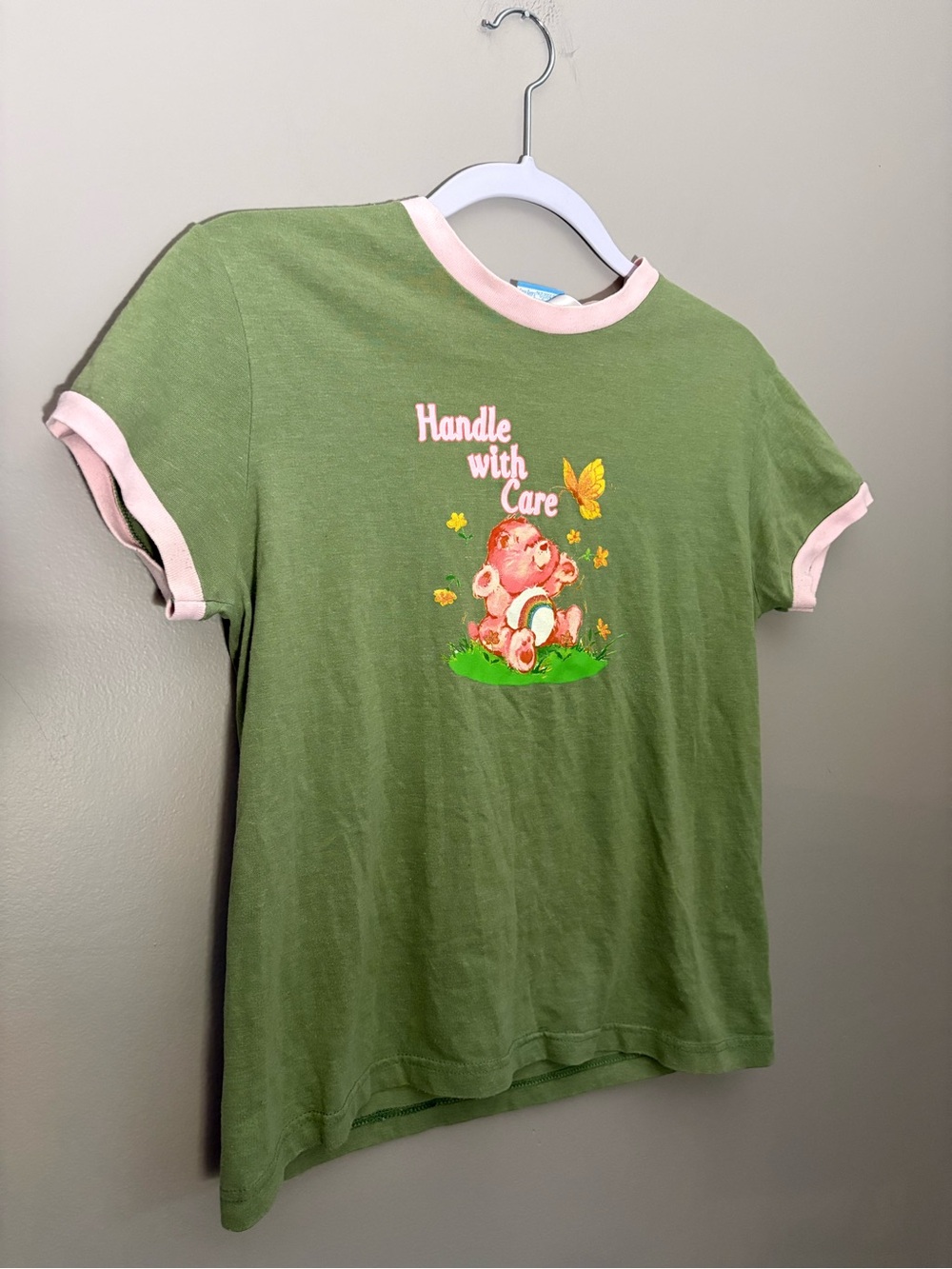 VTG 2004 Care Bears Handle With Care Ringer Babydoll Tee L Y2K Kidcore Coquette